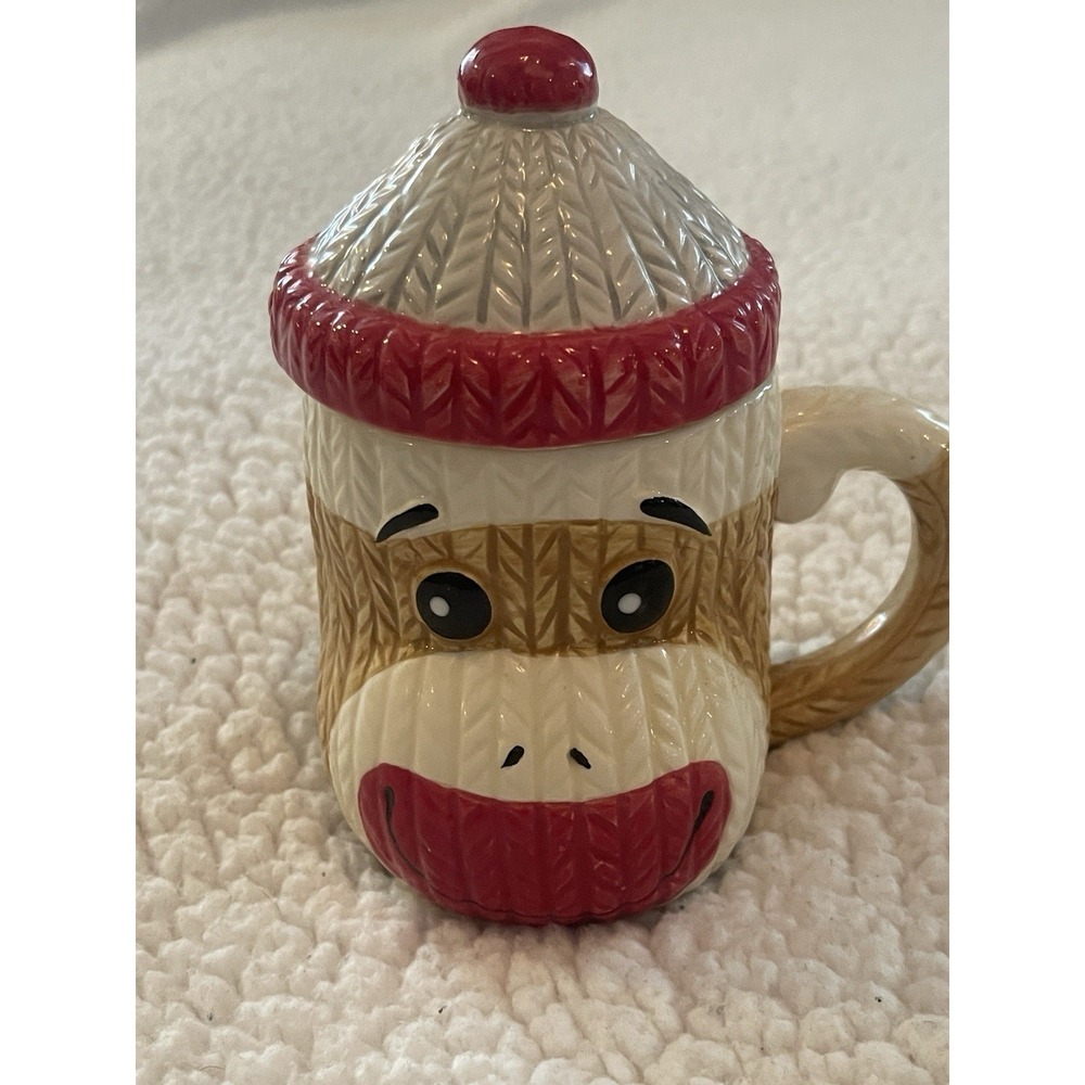 Bandwagon SOCK MONKEY Christmas Coffee Cup With Top Hat Lid